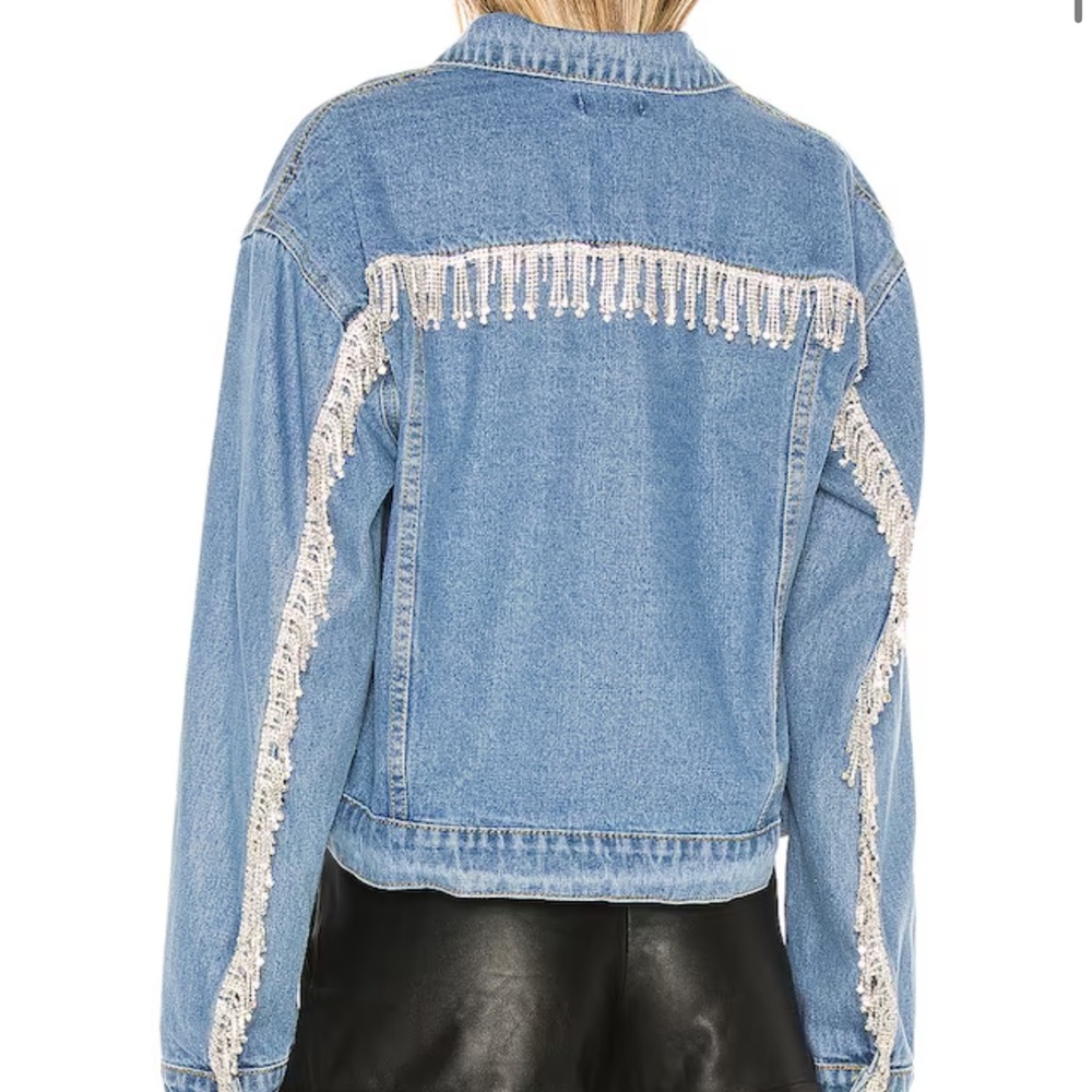 Superdown Revolve Raya Rhinestone Fringe Jacket in Light Blue Wash size large - Picture 3 of 8